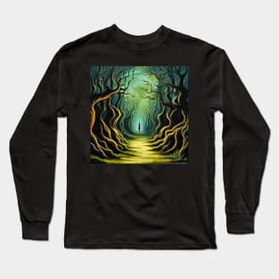 Lone Figure Waits on Magical Fairytale Woodland Path Long Sleeve T-Shirt